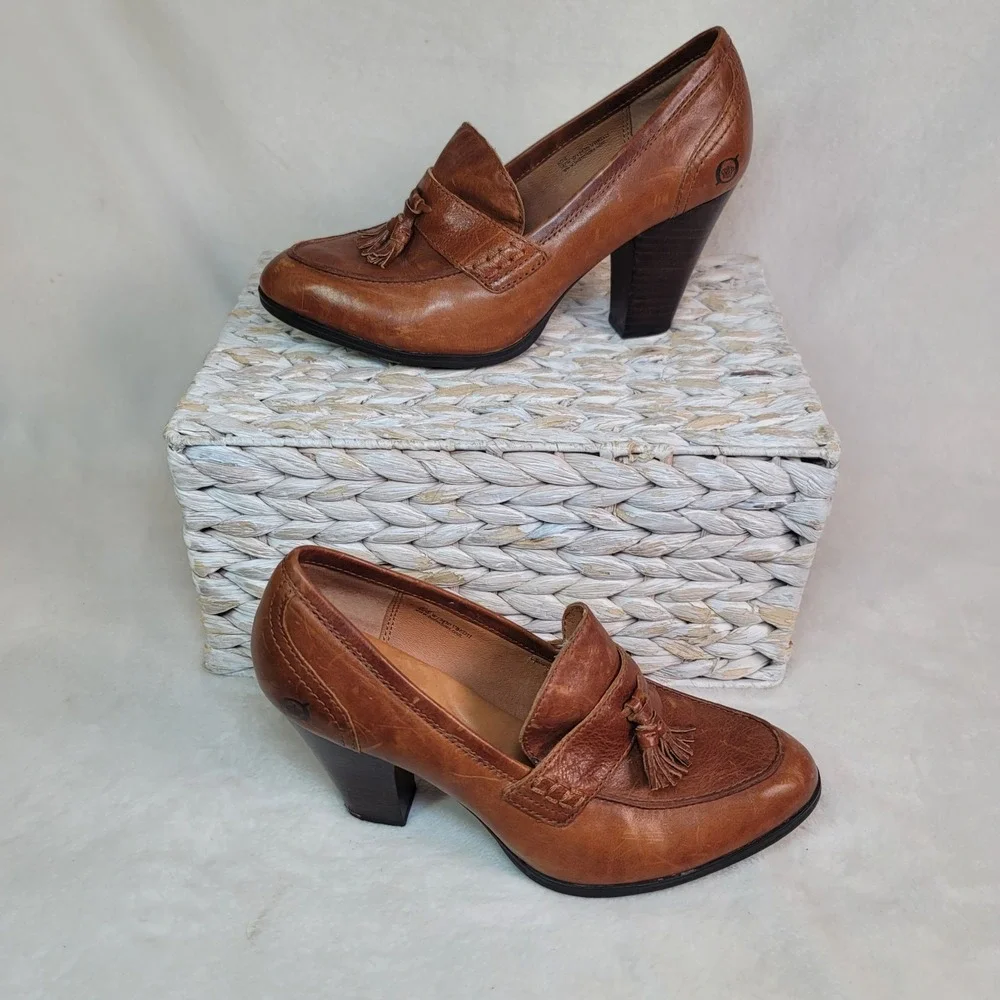 Born Nance Style Heel Loafer Academia Witchy Boho Brown Leather Tassel Size 8 - Picture 2 of 7